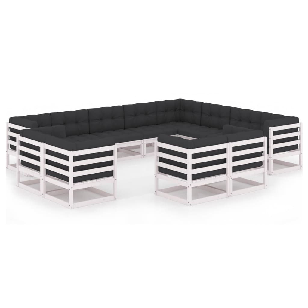 12-tlg. Garten-Lounge-Set mit Kissen Weiss Kiefer Massivholz